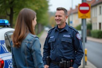 Agent de police routière parlant à une jeune femme en France