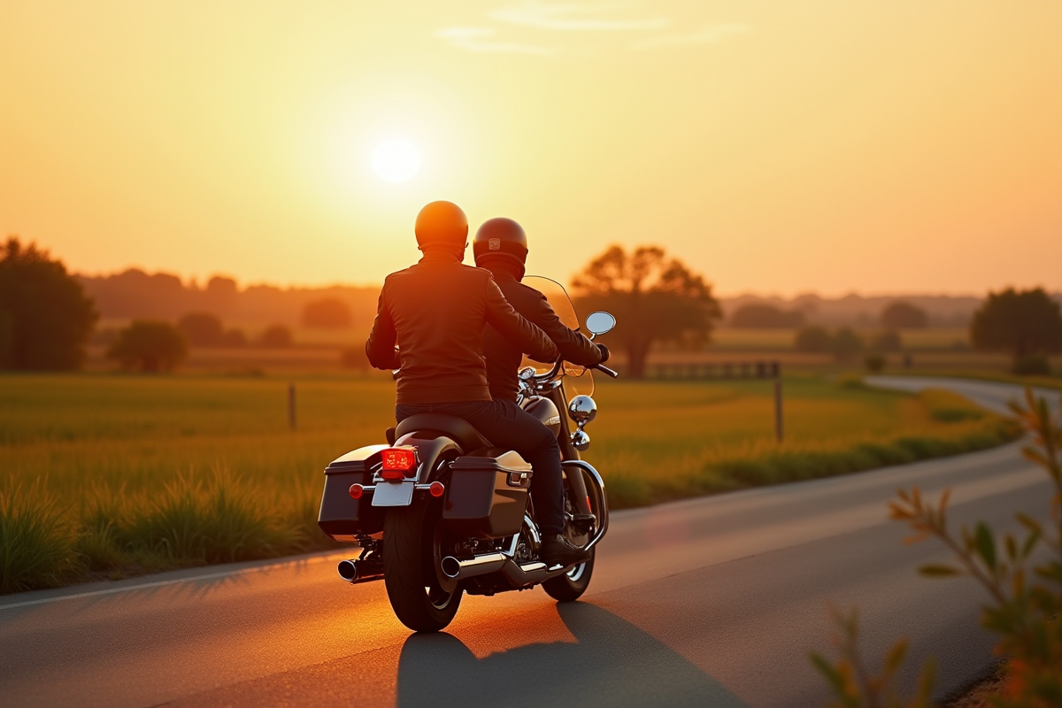 Deux motards sur une HarleyDavidson en campagne au coucher du soleil