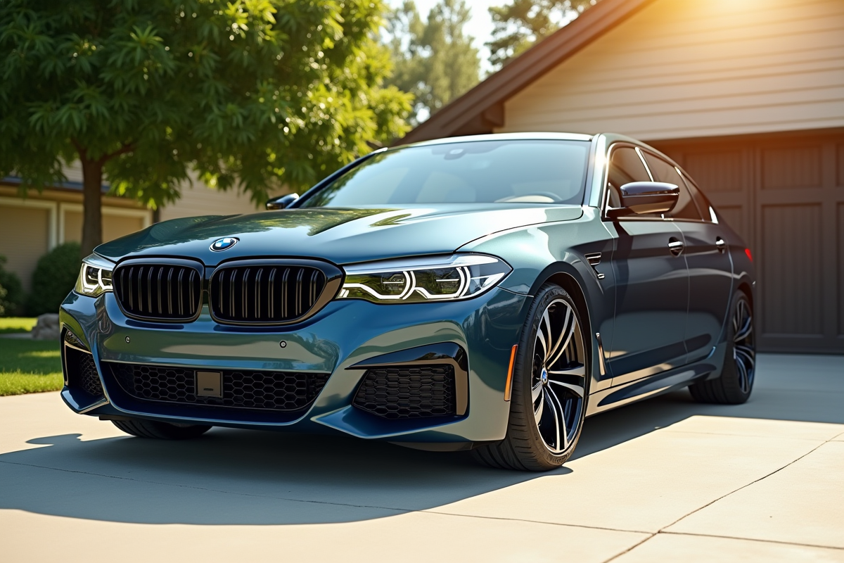 BMW berline moderne devant une maison lumineuse