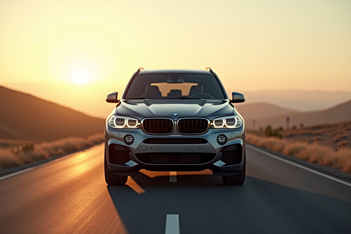 BMW SUV sur la route en lumière dorée