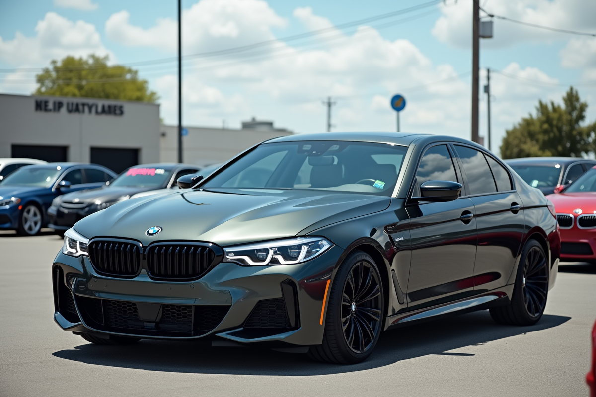 BMW d'occasion stationnée dans un lot avec d'autres véhicules