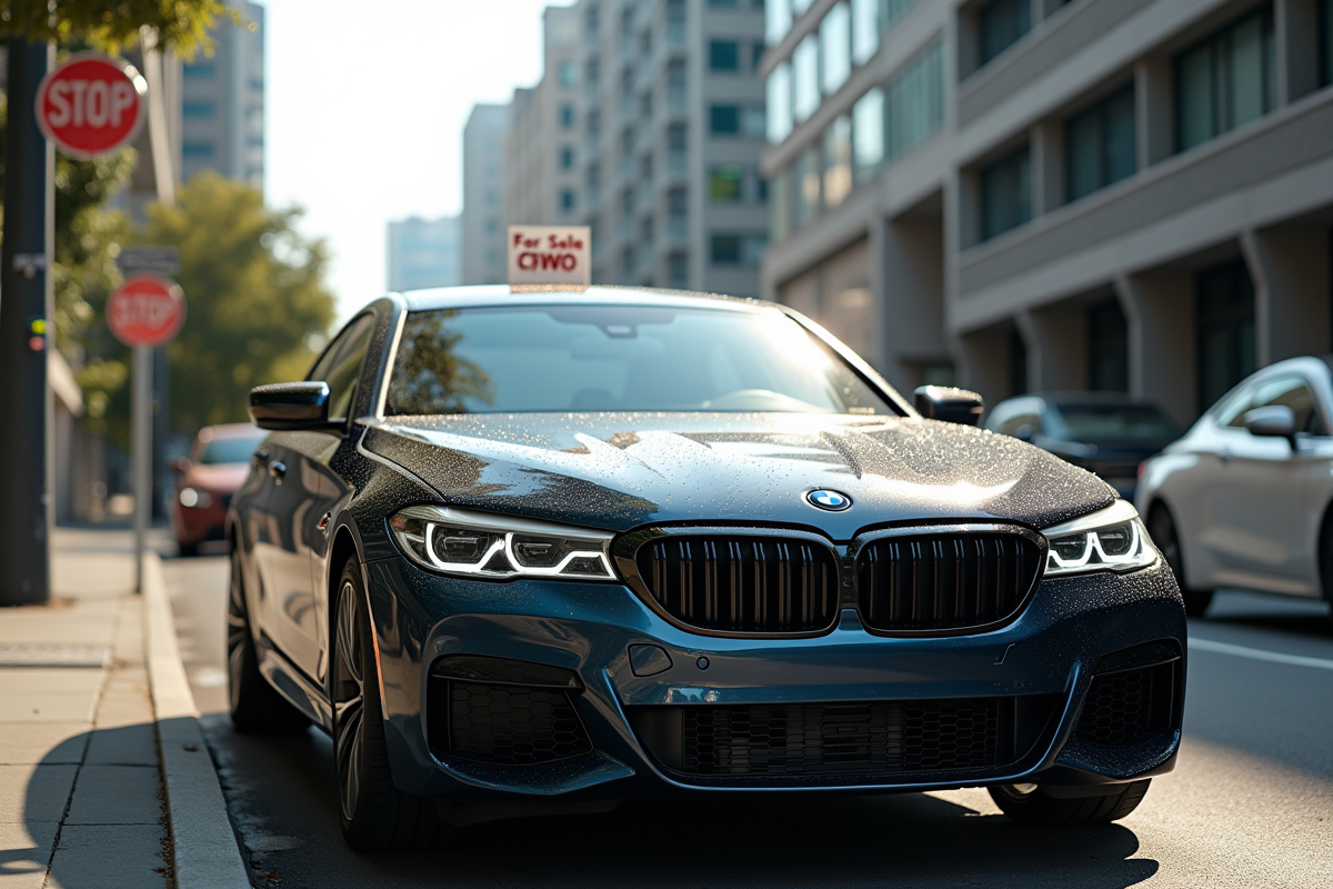 BMW avec rayures et signe de vente sur une rue urbaine