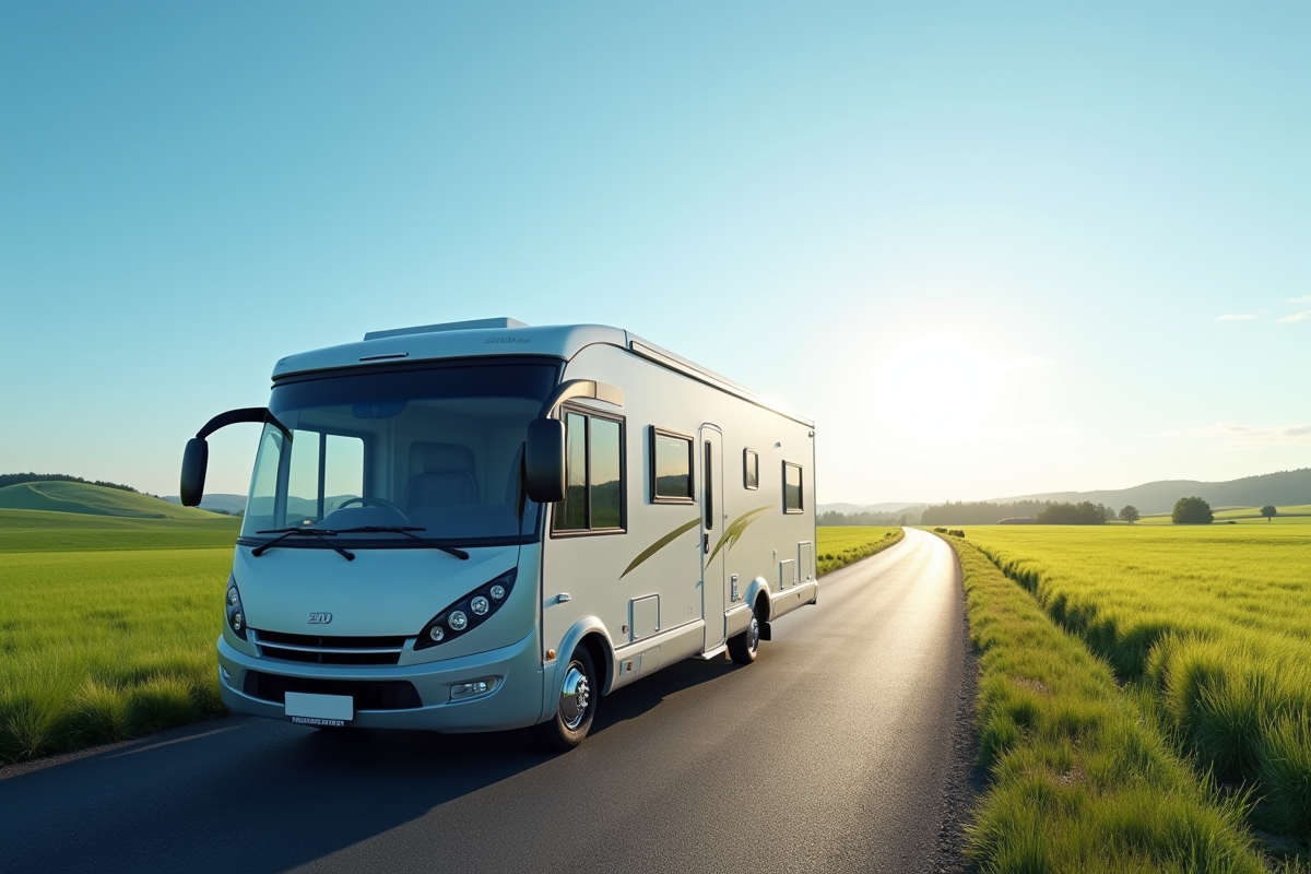 Camping-car moderne sur route de campagne ensoleillée