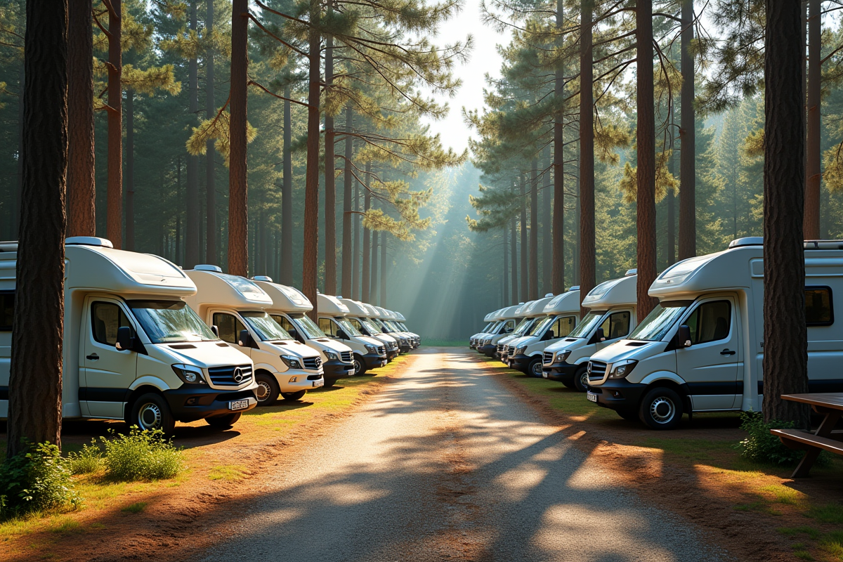 Vans stationnés dans un camping en forêt ensoleillé
