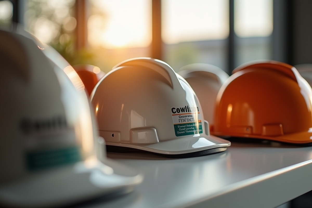 Gamme de casques avec labels de certification sur une table