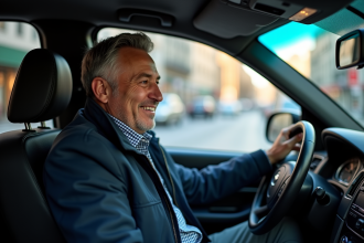 Taxi avec chauffeur souriant dans la ville
