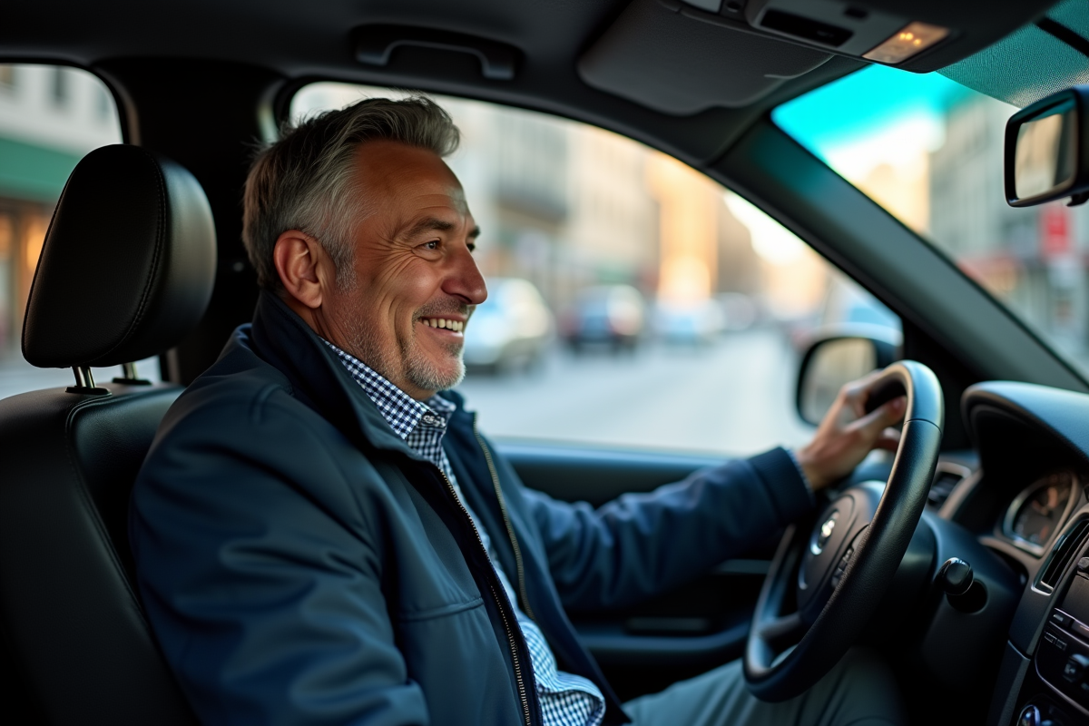 Taxi avec chauffeur souriant dans la ville