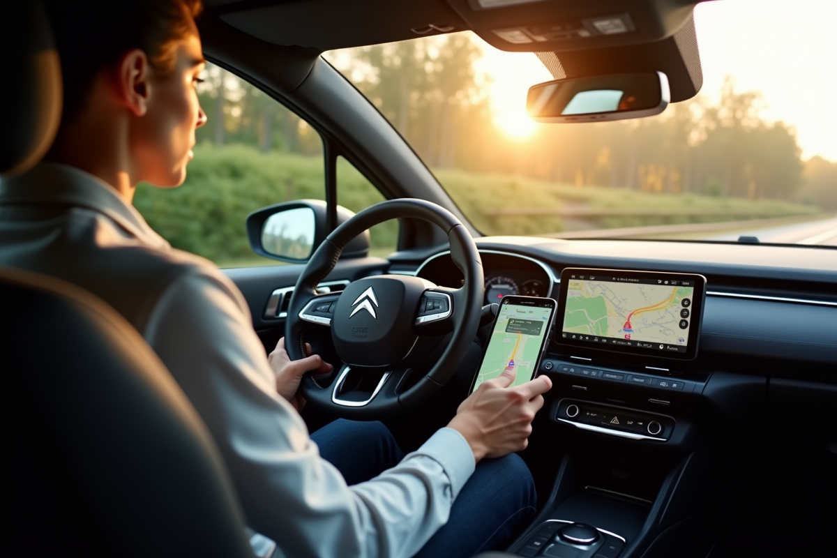 Conducteur dans une Citroën moderne utilisant l'écran tactile