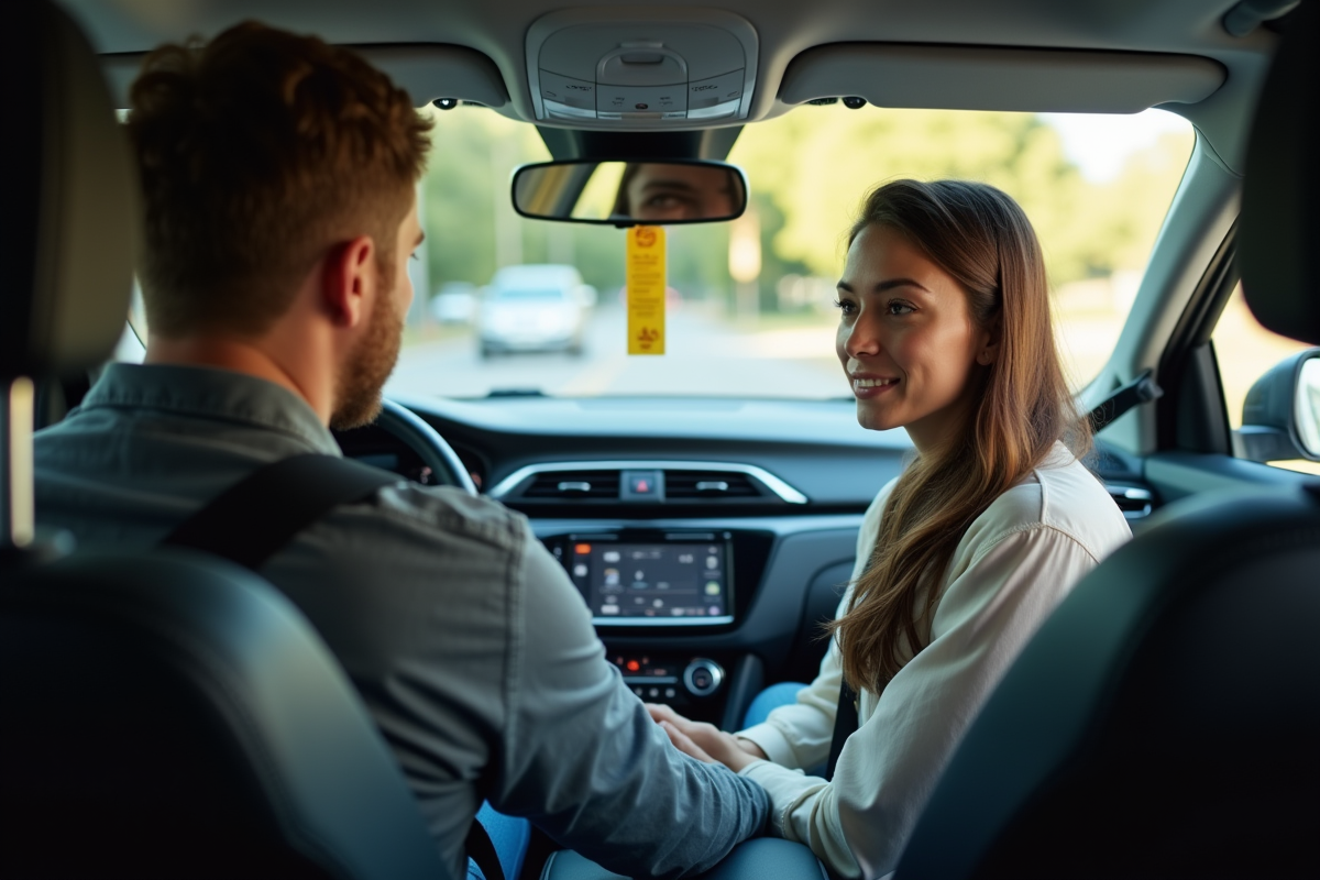 Instructeur de conduite montrant des conseils de sécurité dans une voiture moderne