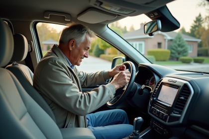 Homme vérifiant l'odomètre dans son SUV en extérieur