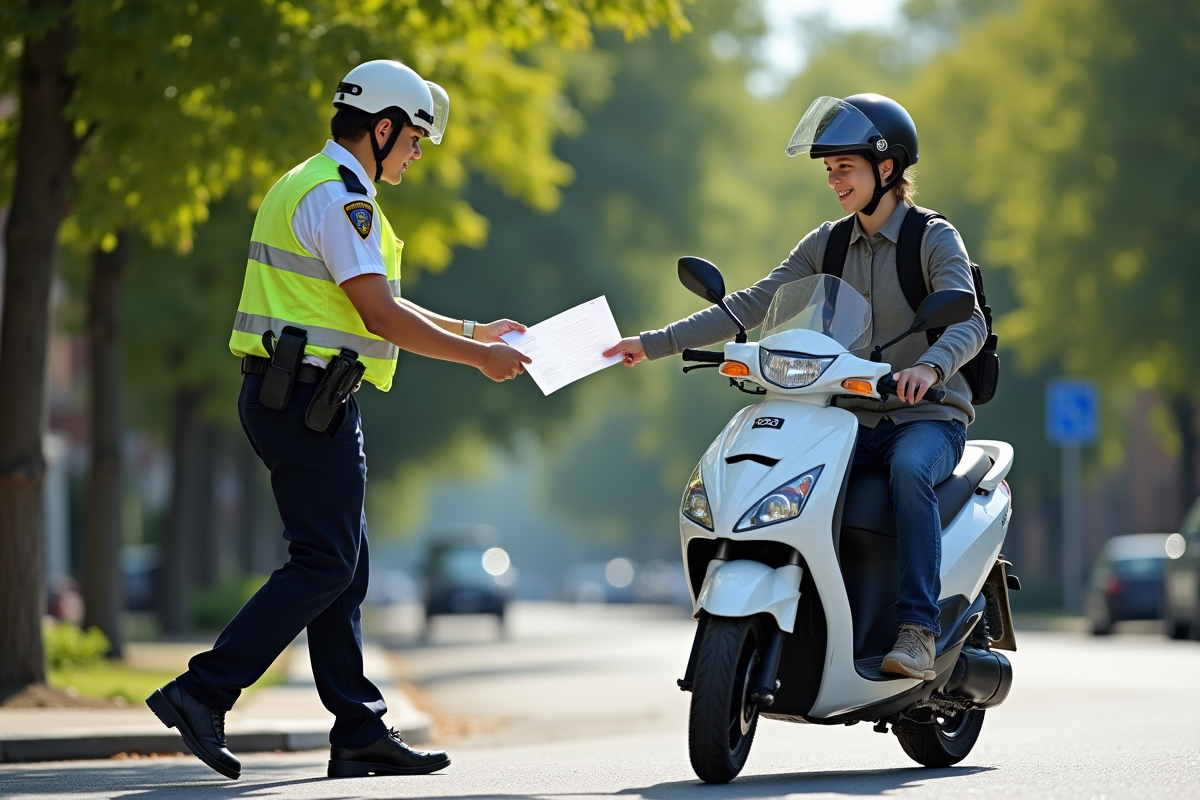 Agent de police remettant des documents à un ado sur scooter en banlieue
