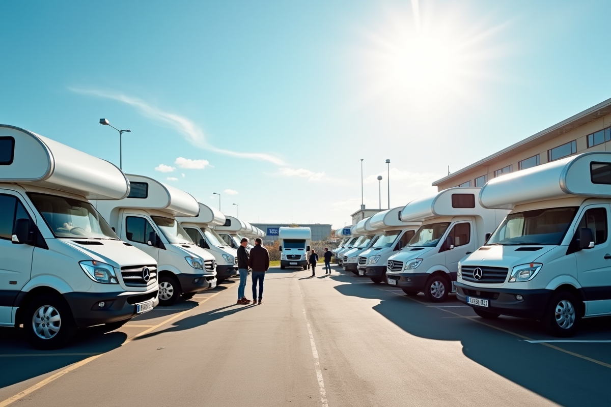 Vans de camping en concession avec clients inspectant l