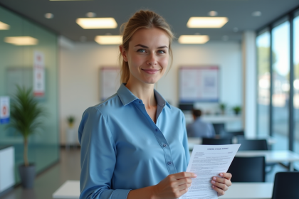 Femme tenant un formulaire de demande de permis de conduire en pr&eacute;fecture