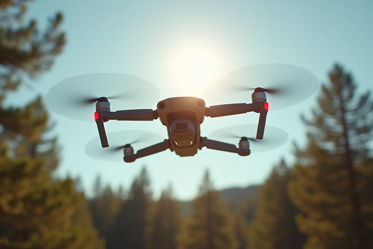 Drone moderne volant au-dessus d'une forêt en journée