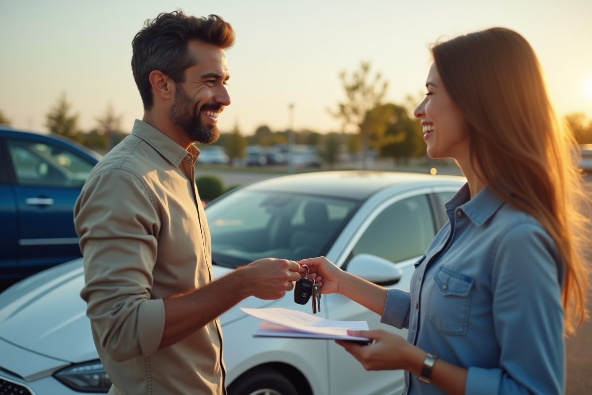 Deux conducteurs souriants échangeant des clés de voiture en plein soleil