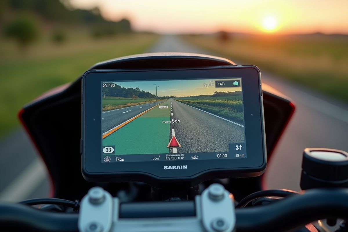 Ecran GPS affichant une carte sur un tableau de bord de moto en campagne