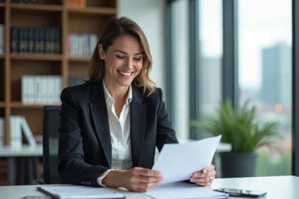 Femme d'affaires confiante souriante dans un bureau moderne