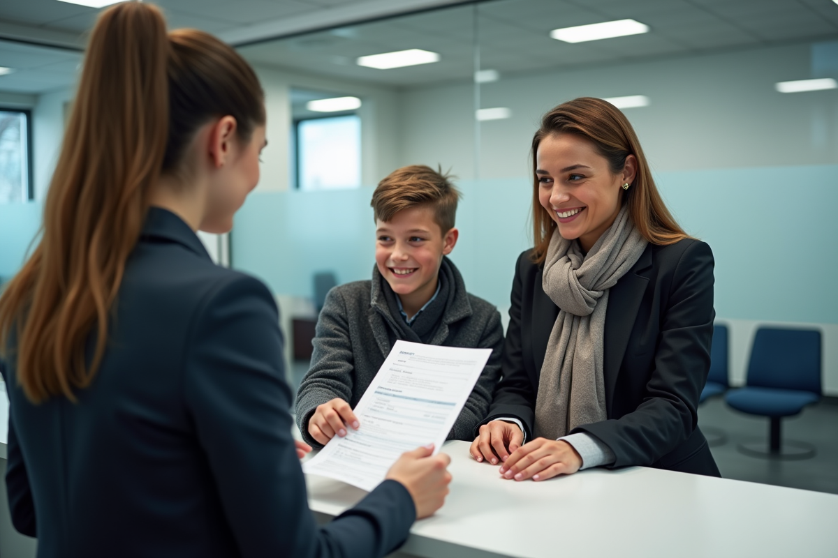 Femme agent remettant document à famille dans un bureau