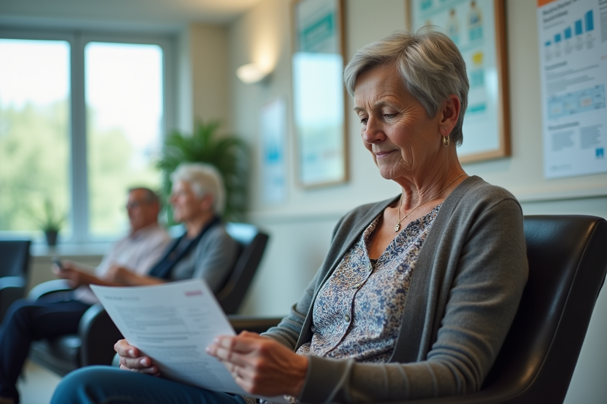 Femme de 61 ans assise dans une salle d attente de clinique