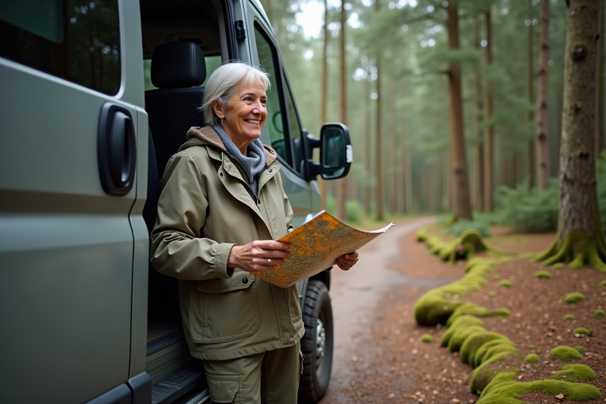 Femme souriante regardant le van en forêt