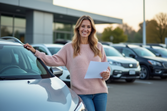 Femme souriante avec contrat de location devant voiture