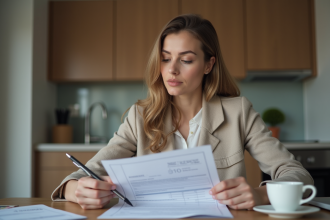 Femme examinant des documents d'assurance à la maison