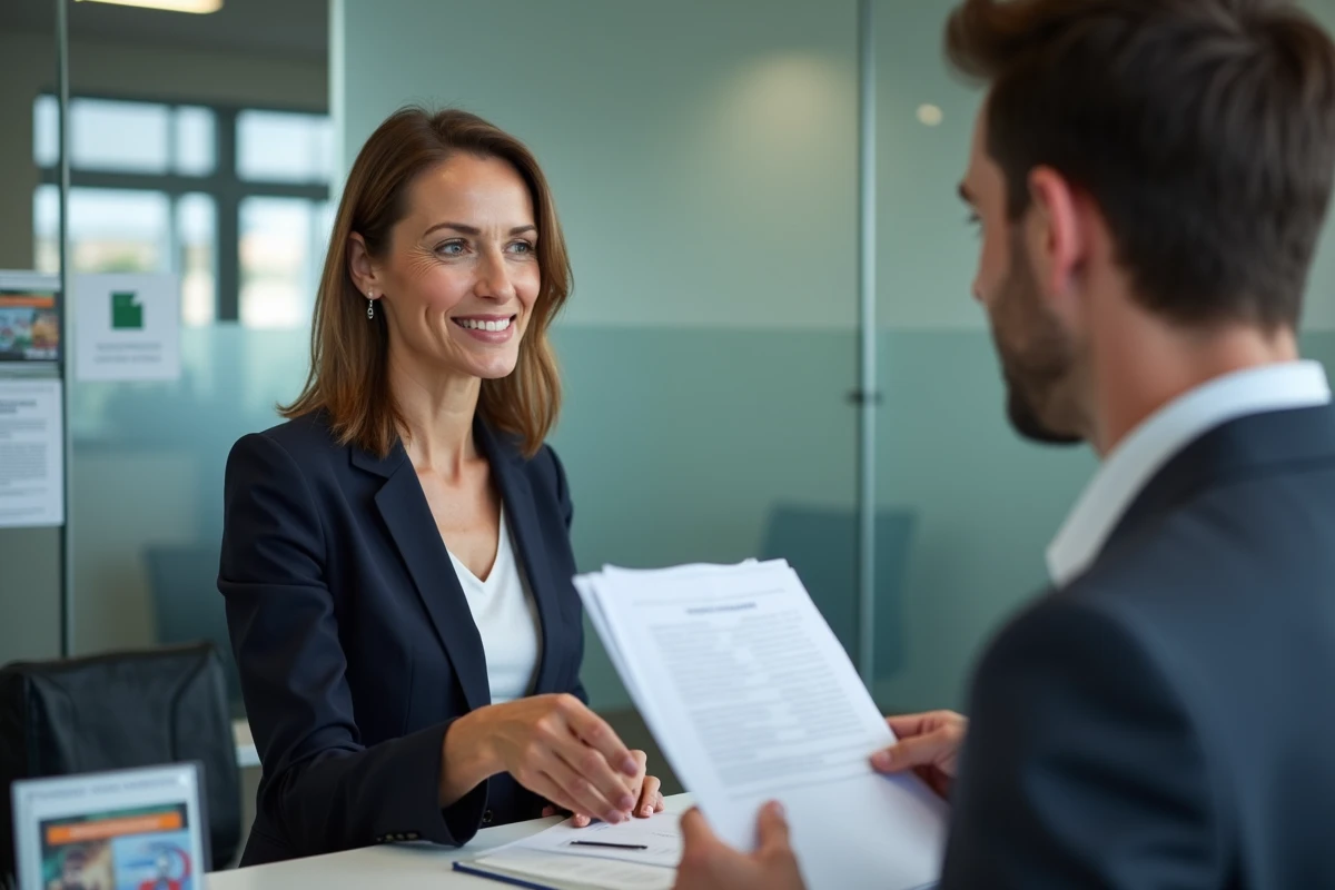 Femme d age moyen remettant des documents à un agent administratif