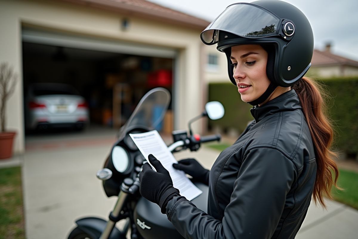 Jeune femme vérifiant le manuel de sa moto dans une cour résidentielle