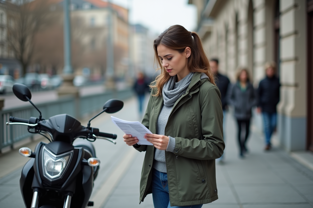 Femme vérifiant papiers de moto devant bâtiment urbain