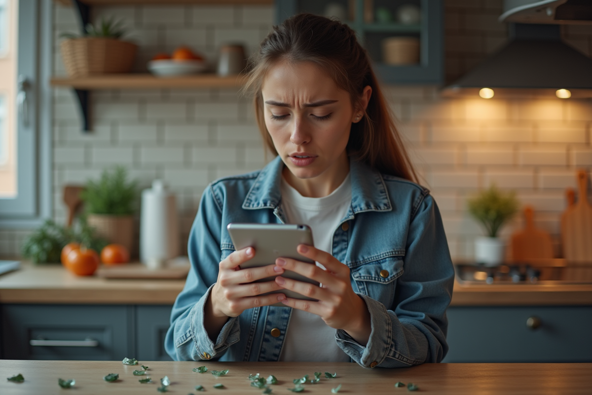 Jeune femme avec smartphone cassé dans sa cuisine
