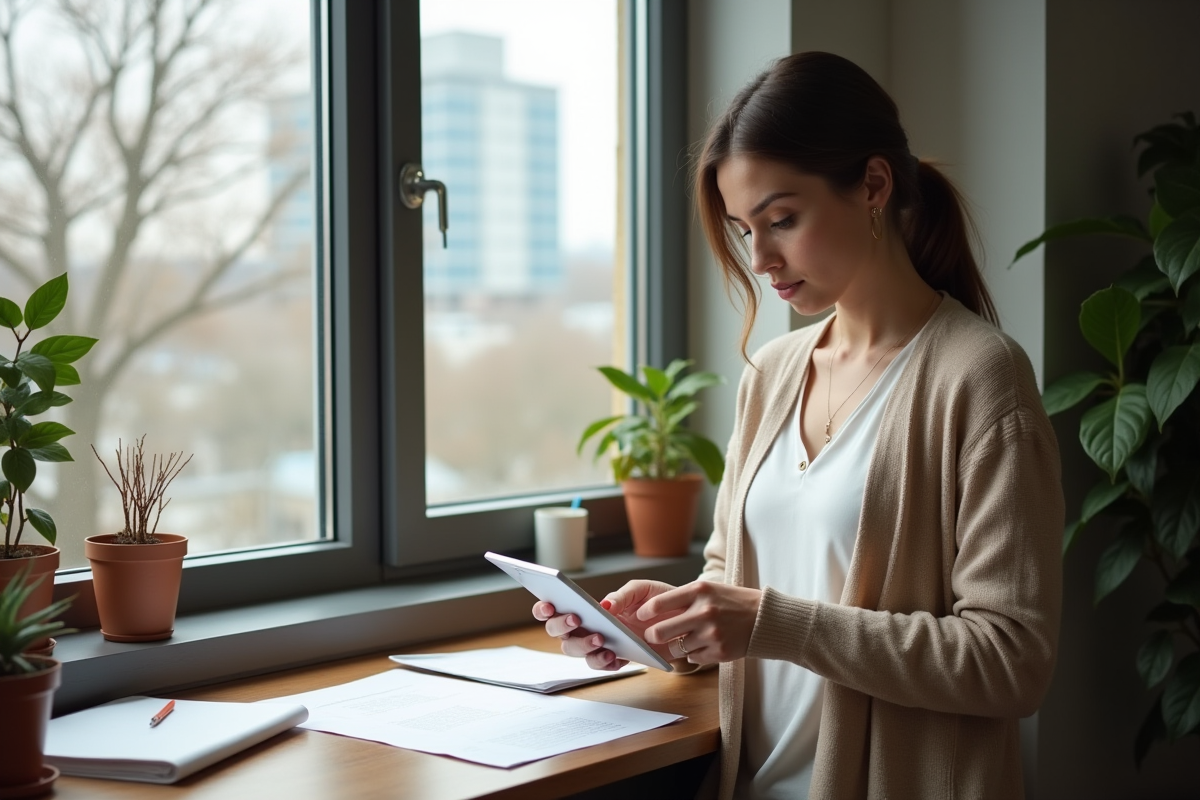 Jeune femme utilisant une tablette dans son appartement