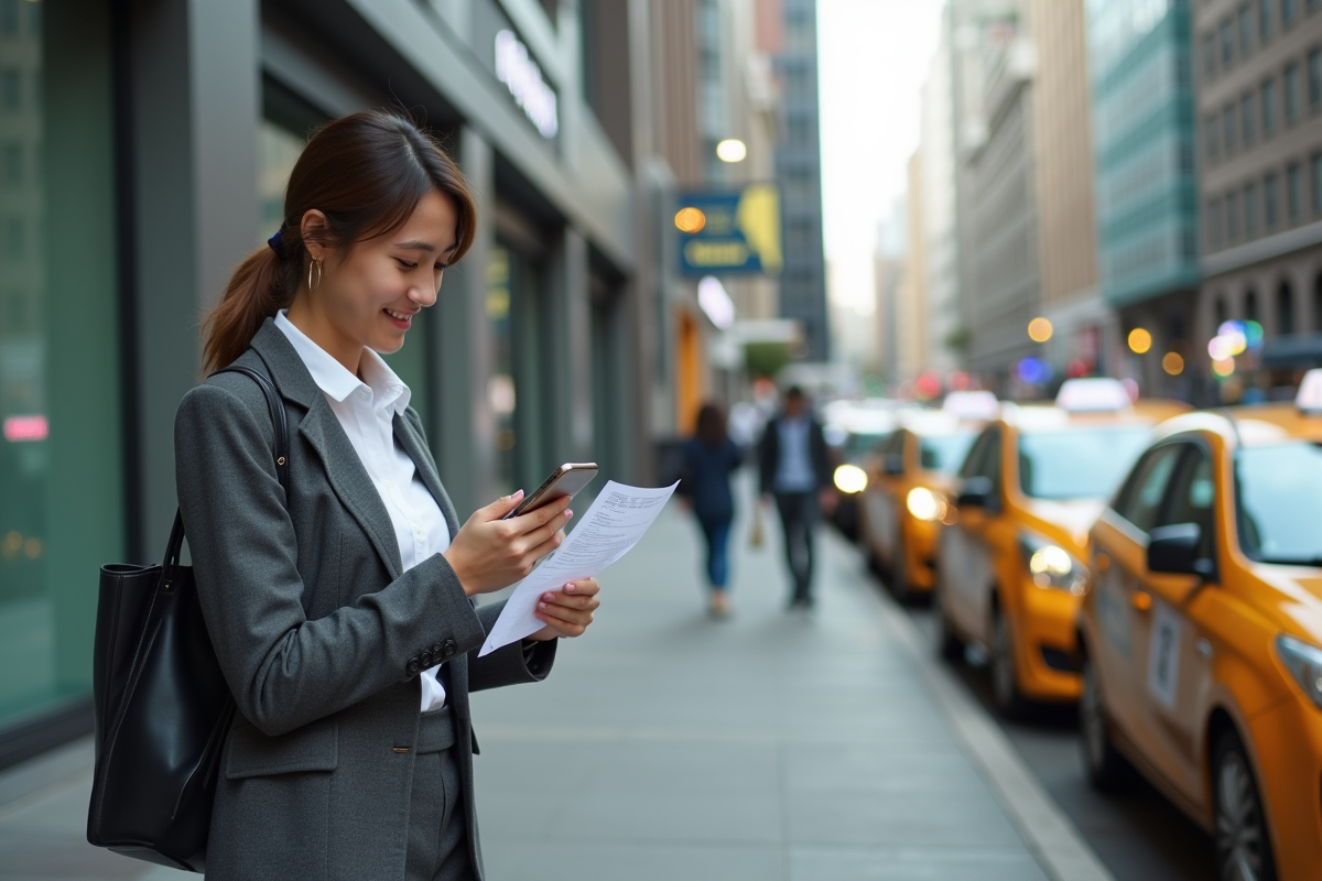 Jeune femme d affaires vérifiant un reçu dans la rue