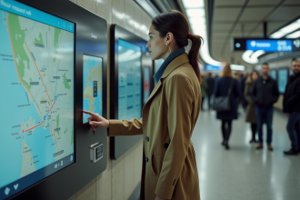 Jeune femme observant une carte digitale dans une station de métro