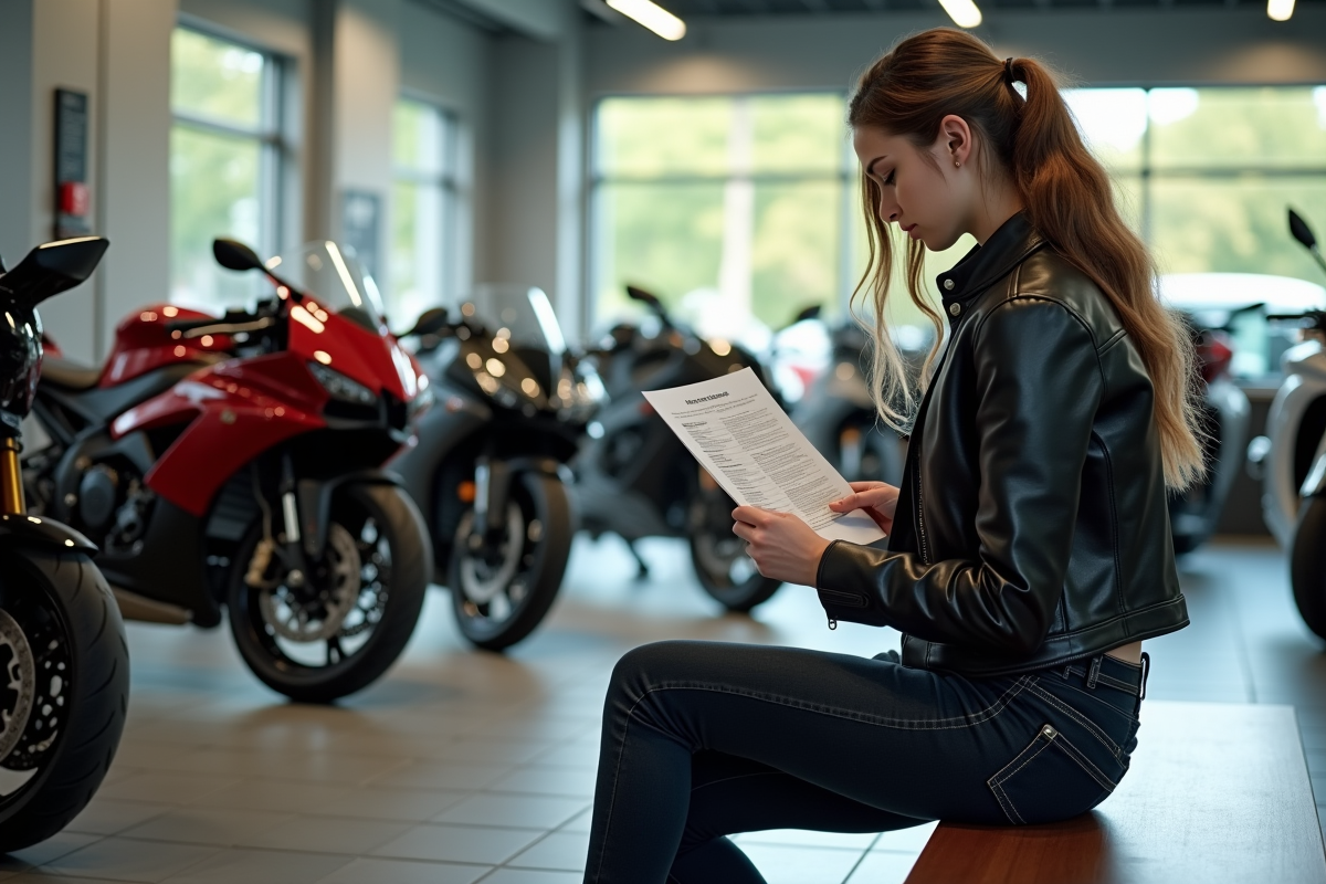 Femme vérifiant un document de service moto en showroom