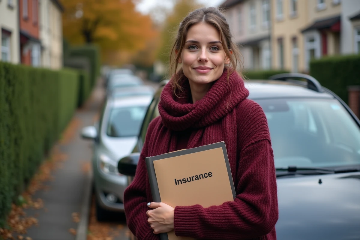 Jeune femme avec dossier assurance près de sa voiture dans la rue