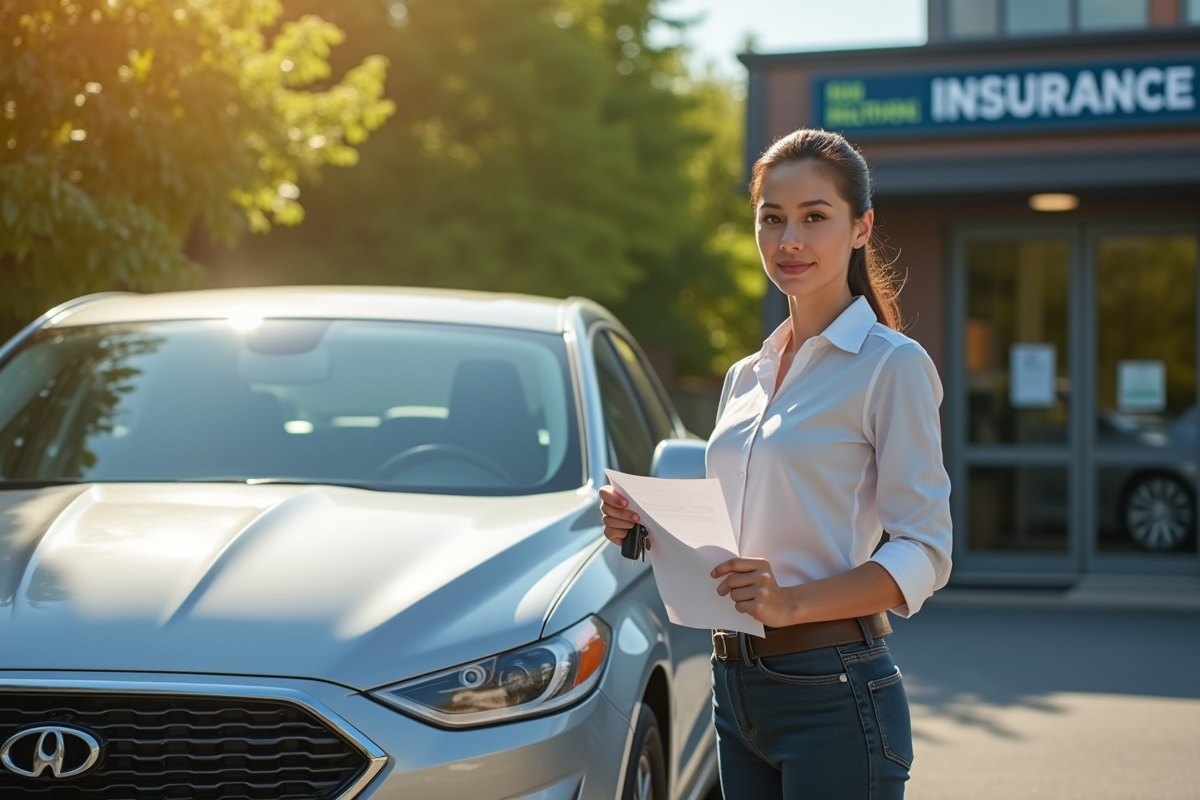 Femme tenant clés de voiture et papiers devant une voiture