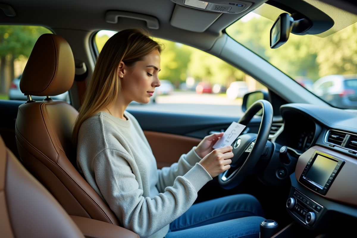 Jeune femme regardant un code dans une voiture moderne