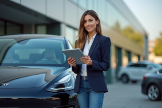 Femme en blazer regardant une voiture électrique en ville