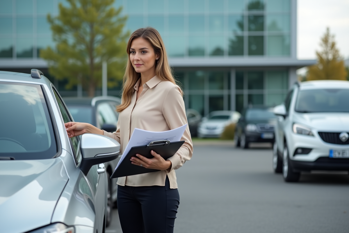 Femme inspectant une voiture dans un parking d