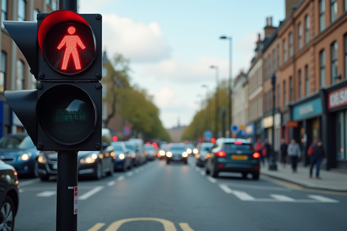 Feu rouge britannique à un carrefour de Londres avec voitures