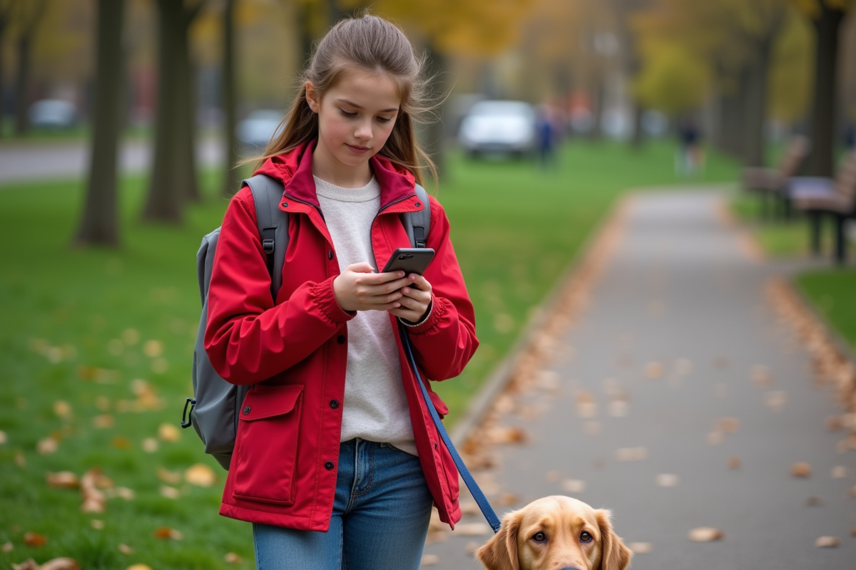 Fille vérifiant une application GPS avec son chien dans un parc