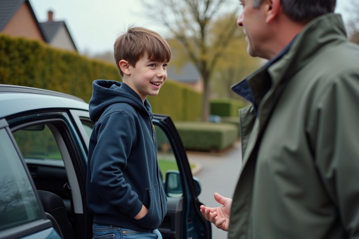 Garçon sortant de la voiture avec un adulte soutenant