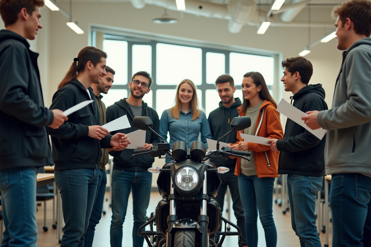Groupe d adolescents avec instructeur autour d une moto en classe lumineuse