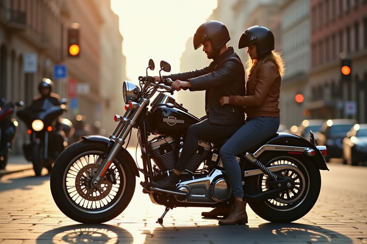 Un couple vérifiant leur casque sur une HarleyDavidson en ville le matin