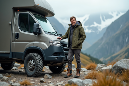 Homme vérifiant les pneus d'un 4x4 en montagne