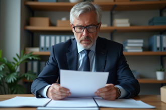 Homme d'affaires en costume examinant des documents officiels