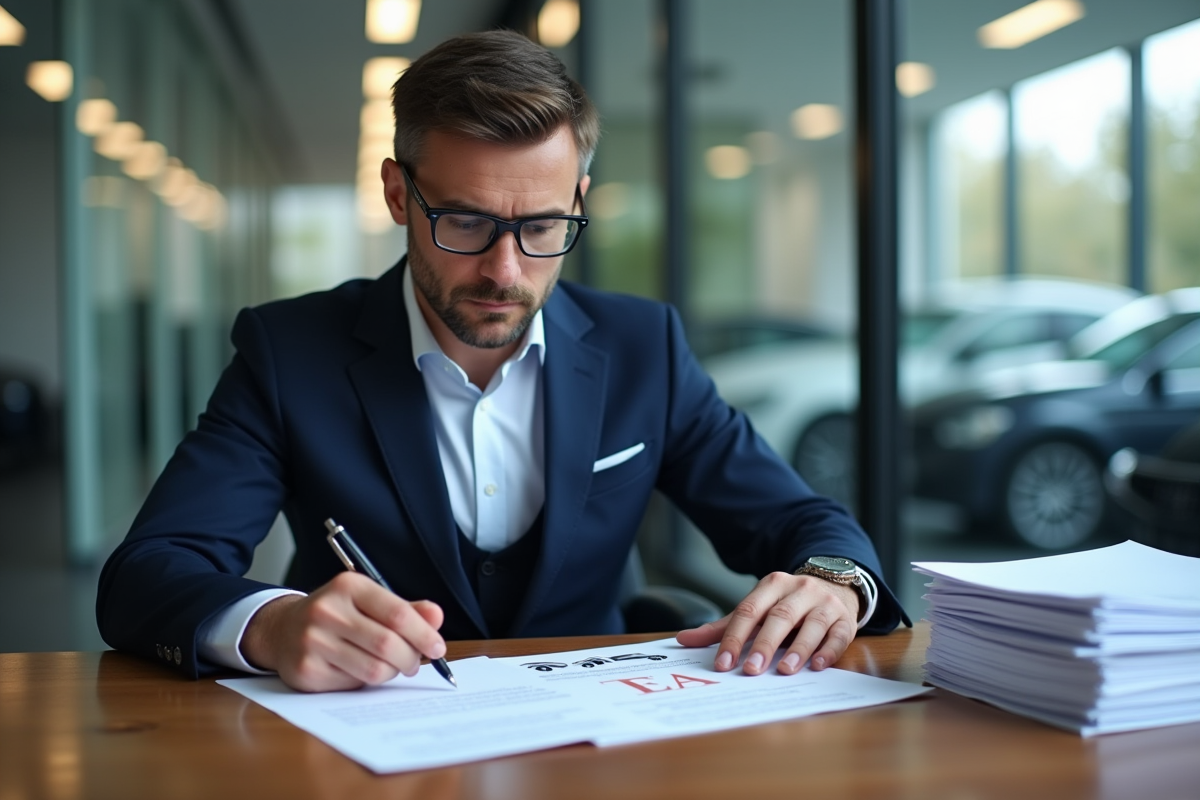 Homme d'affaires en costume regardant des papiers de leasing voiture