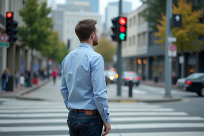 Homme en chemise bleue attend au passage piétons