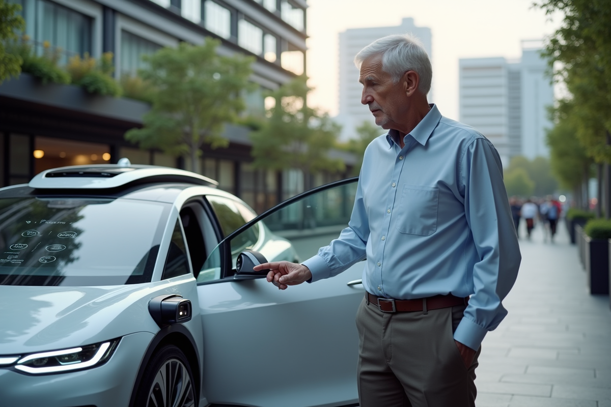 Homme âgé observant une voiture autonome au station service