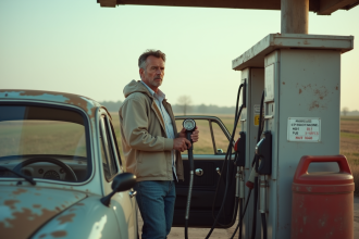 Homme moyenâgeux à côté de sa voiture essence en campagne